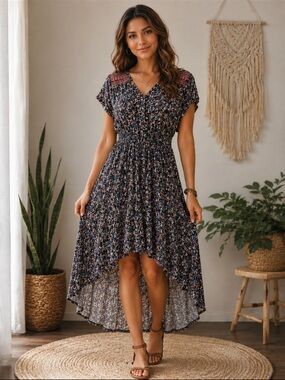 American Rag Navy Floral High-Low V-Neck Dress, Boho Inspired Size M